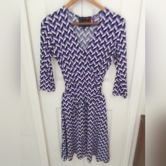 Purple and Navy Herringbone Print Belted Dress - Picture 13 of 16